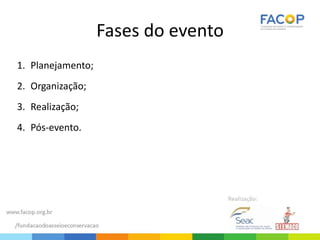 Fases do evento
1. Planejamento;
2. Organização;
3. Realização;
4. Pós-evento.
 