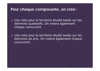 Pour chaque composante, on créé :
19
 Une note pour le territoire étudié basée sur les
éléments qualitatifs. On notera également
chaque concurrent.
 Une note pour le territoire étudié basée sur les
éléments de prix. On notera également chaque
concurrent.
 
