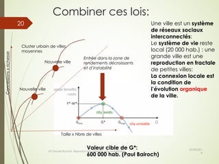 Combiner ces lois:
05/05/201
8
© Claude Rochet Reproduction interdite sans autorisation
20
Taille x Nbre de villes
Connexionsxrichesse
Nouvelle ville
Nouvelle ville
Cluster urbain de villes
moyennes
Entrée dans la zone de
rendements décroissants
et d’instabilité
Une ville est un système
de réseaux sociaux
interconnectés:
Le système de vie reste
local (20 000 hab.) : une
grande ville est une
reproduction en fractale
de petites villes:
La connexion locale est
la condition de
l’évolution organique
de la ville.
Valeur cible de G*:
600 000 hab. (Paul Bairoch)
 