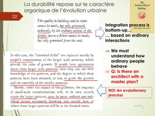 La durabilité repose sur le caractère
organique de l’évolution urbaine
05/05/201
8
© Claude Rochet Reproduction interdite sans autorisation
32
NO! An evolutionary
process
Integration process is
bottom-up…
… based on ordinary
interactions
Þ We must
understand how
ordinary people
behave
Þ Q: Is there an
architect with a
master plan?
 