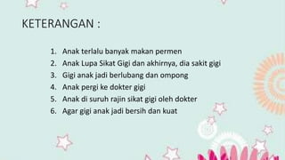 KETERANGAN :
1. Anak terlalu banyak makan permen
2. Anak Lupa Sikat Gigi dan akhirnya, dia sakit gigi
3. Gigi anak jadi berlubang dan ompong
4. Anak pergi ke dokter gigi
5. Anak di suruh rajin sikat gigi oleh dokter
6. Agar gigi anak jadi bersih dan kuat
 
