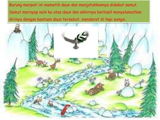 Burung merpati ini memetik daun dan menjatuhkannya didekat semut.
Semut merayap naik ke atas daun dan akhirnya berhasil menyelamatkan
dirinya dengan bantuan daun tersebut, mendarat di tepi sungai.
 