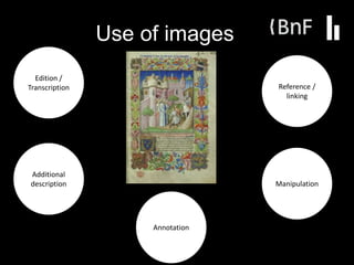 Use of images
Edition /
Transcription
Additional
description
Reference /
linking
Manipulation
Annotation
 