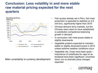 Conclusion: Less volatility in and more stable
raw material pricing expected for the next
quarters
Raw Material Prices
(USD/tonne)
                                                                        •   Fish quotas already set in Peru, fish meal
 2000                                                                       production is expected to stabilize on 2,5
 1800                                                                       mill tons, significantly higher than 2010
 1600
 1400                                                                   •   Chinese demand drive markets, but the
 1200
 1000
                                                                            Chinese users seem to have established
  800                                                                       a substitution competence balancing
  600
  400
                                                                            growth in demand
  200                                                                   •   In conclusion; fish meal prices stable or
    0
        2008     2009                   2010             2011
                                                                            slightly downwards
                Fishmeal Peru, FOB             Soymeal extracted, FOB
                                                                        •   Vegetable proteins expected to maintain
                Fish Oil Scandinavia, CIF      Vegetable Oil, FOB           stable or slightly downward prices in 2012
                                                                            unless extreme weather conditions occur
                                                                        •   Vegetable oils: Crops have been good –
                                                                            importance of substitutes for rape oil as
                                                                            biodiesel have been significant. Uncertain
Main uncertainty is currency development                                    trend, but no dramatic price changes
                                                                            expected

                                                                                            10
 
