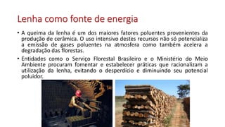 Lenha como fonte de energia
• A queima da lenha é um dos maiores fatores poluentes provenientes da
produção de cerâmica. O uso intensivo destes recursos não só potencializa
a emissão de gases poluentes na atmosfera como também acelera a
degradação das florestas.
• Entidades como o Serviço Florestal Brasileiro e o Ministério do Meio
Ambiente procuram fomentar e estabelecer práticas que racionalizam a
utilização da lenha, evitando o desperdício e diminuindo seu potencial
poluidor.
 