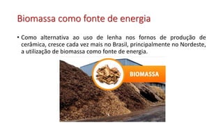 Biomassa como fonte de energia
• Como alternativa ao uso de lenha nos fornos de produção de
cerâmica, cresce cada vez mais no Brasil, principalmente no Nordeste,
a utilização de biomassa como fonte de energia.
 