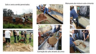 Solo e areia sendo peneirados
Correção do solo através da areia
Manuseio da mistura solo-cimento
 