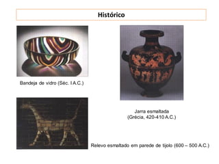 Histórico
Bandeja de vidro (Séc. I A.C.)
Relevo esmaltado em parede de tijolo (600 – 500 A.C.)
Jarra esmaltada
(Grécia, 420-410 A.C.)
 