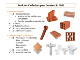 Produtos Cerâmicos para Construção Civil
1. Produtos de argila:
 1.1 - Blocos cerâmicos:
a) Maciços (tijolosmoldadosou
extrudados)
b) Vazados (vedaçãoou estruturais)
 1.2 -Telhas
 1.3 -Tubos (manilhas)
 1.4 - Peças redutorasde peso
 1.5 - Elementosvazados.
2. Produtos de grês ou de louça:
 2.1 - Produtosde revestimento
• Pisos cerâmicos
• Azulejos
• Porcelanato
• Pastilhas
 2.2 - Louça sanitária
 2.3 - Materialrefratário
 