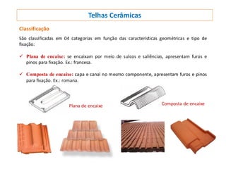 Classificação
São classificadas em 04 categorias em função das características geométricas e tipo de
fixação:
 Plana de encaixe: se encaixam por meio de sulcos e saliências, apresentam furos e
pinos para fixação. Ex.: francesa.
 Composta de encaixe: capa e canal no mesmo componente, apresentam furos e pinos
para fixação. Ex.: romana.
Telhas Cerâmicas
Plana de encaixe Composta de encaixe
 