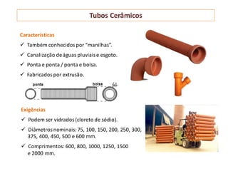 Tubos Cerâmicos
Características
 Também conhecidospor “manilhas”.
 Canalização deáguas pluviaise esgoto.
 Ponta e ponta / ponta e bolsa.
 Fabricados por extrusão.
Exigências
 Podem ser vidrados (cloreto de sódio).
 Diâmetrosnominais:75, 100, 150, 200, 250, 300,
375, 400, 450, 500 e 600 mm.
 Comprimentos: 600, 800, 1000, 1250, 1500
e 2000 mm.
 