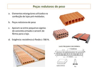 Peças redutoras de peso
a. Elementosretangulares utilizadosna
confecção de lajes pré-moldadas.
b. Peças redutorasde peso
c. Apoiam-se entre pequenasvigotas
de concreto armado e servem de
fôrma para a laje.
d. Exigência:resistência à flexão ≥ 700 N.
 