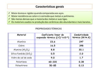 Características gerais
 Maior dureza e rigidez quandocomparadasaos aços.
 Maior resistência ao calore à corrosão que metais e polímeros.
 São menos densas que a maioriados metaise suas ligas.
 Os materiaisusadosna produçãodas cerâmicas são abundantese mais baratos.
PROPRIEDADES TÉRMICAS
 