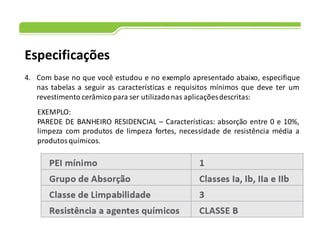 Especificações
4. Com base no que você estudou e no exemplo apresentado abaixo, especifique
nas tabelas a seguir as características e requisitos mínimos que deve ter um
revestimento cerâmico para ser utilizadonas aplicaçõesdescritas:
EXEMPLO:
PAREDE DE BANHEIRO RESIDENCIAL – Características: absorção entre 0 e 10%,
limpeza com produtos de limpeza fortes, necessidade de resistência média a
produtos químicos.
 