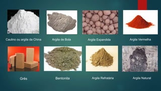 Caulino ou argila da China Argila de Bola Argila Expandida
Grês Bentonita Argila Refratária
Argila Vermelha
Argila Natural
 