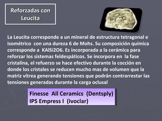 Reforzadas con Leucita La Leucita corresponde a un mineral de estructura tetragonal e isométrico  con una dureza 6 de Mohs. Su composición química corresponde a  KAlSi2O6.  Es incorporada a la cerámica para reforzar los sistemas feldespáticos. Se incorpora en  la fase cristalina, el refuerzo se hace efectivo durante la cocción en donde los cristales se reducen mucho mas de volumen que la matriz vítrea generando tensiones que podrán contrarrestar las tensiones generadas durante la carga oclusal  Finesse  All Ceramics  (Dentsply) IPS Empress I  (Ivoclar) 