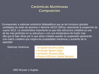 Cerámicas Aluminosas Composición Corresponden a sistemas cerámicos feldespáticos que se les incorpora grandes cantidades de óxido de aluminio o Alúmina  Al2O3  (50%)y reduciendo la proporción de  cuarzo  SiO2 . La característica importante es que esta estructura cristalina es una de las mas perfectas en su estructura y con una temperatura de fusión mas  alta que la fase vítrea por lo que estos cristales quedan en suspensión generando una matriz cristalina que mejora las propiedades mecánicas y aumento de la  opacidad  Sistemas Cerámicos In-Ceram Alumina (Vita) In-Ceram Spinell (Vita) In-Ceram Zirconia (Vita) Procera AllCeram (Nobel Biocare)   1965 McLean y Hughes 