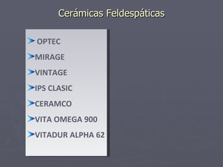 Cerámicas Feldespáticas OPTEC MIRAGE VINTAGE IPS CLASIC CERAMCO VITA OMEGA 900 VITADUR ALPHA 62 