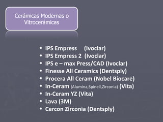 IPS Empress  (Ivoclar) IPS Empress 2  (Ivoclar) IPS e – max Press/CAD (Ivoclar) Finesse All Ceramics (Dentsply) Procera All Ceram (Nobel Biocare) In-Ceram  (Alumina,Spinell,Zirconia)  (Vita) In-Ceram YZ (Vita) Lava (3M) Cercon Zirconia (Dentsply) 