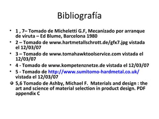 Bibliografía
• 1 , 7– Tomado de Micheletti G.F, Mecanizado por arranque
  de viruta – Ed Blume, Barcelona 1980
• 2 – Tomado de www.hartmetallschrott.de/gfx7.jpg vistada
  el 12/03/07
• 3 – Tomado de www.tomahawktoolservice.com vistada el
  12/03/07
• 4 - Tomado de www.kompetenznetze.de vistada el 12/03/07
• 5 - Tomado de http://www.sumitomo-hardmetal.co.uk/
  vistada el 12/03/07
  5,6 Tomado de Ashby, Michael F. Materials and design : the
  art and science of material selection in product design. PDF
  appendix C
 