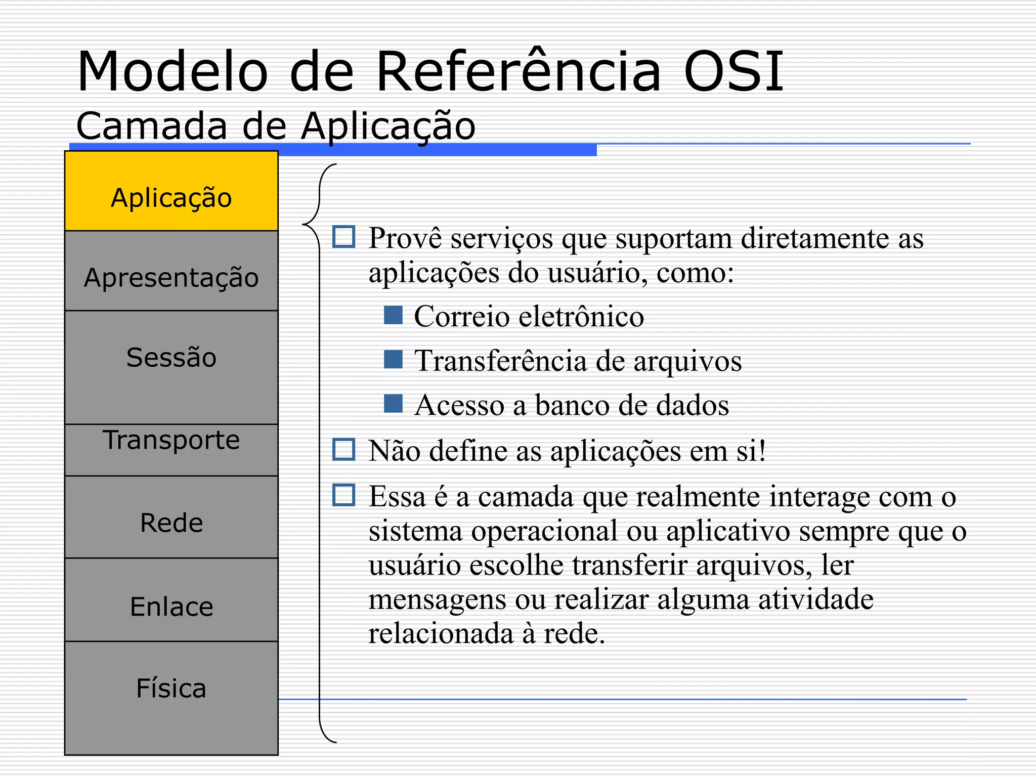 Modelo de Referência OSI
Camada de Aplicação
 Aplicação
                Provê serviços que suportam diretamente as
Apresentação     aplicações do usuário, como:
                   Correio eletrônico
  Sessão           Transferência de arquivos
                   Acesso a banco de dados
 Transporte     Não define as aplicações em si!
                Essa é a camada que realmente interage com o
   Rede          sistema operacional ou aplicativo sempre que o
                 usuário escolhe transferir arquivos, ler
   Enlace        mensagens ou realizar alguma atividade
                 relacionada à rede.
   Física
 