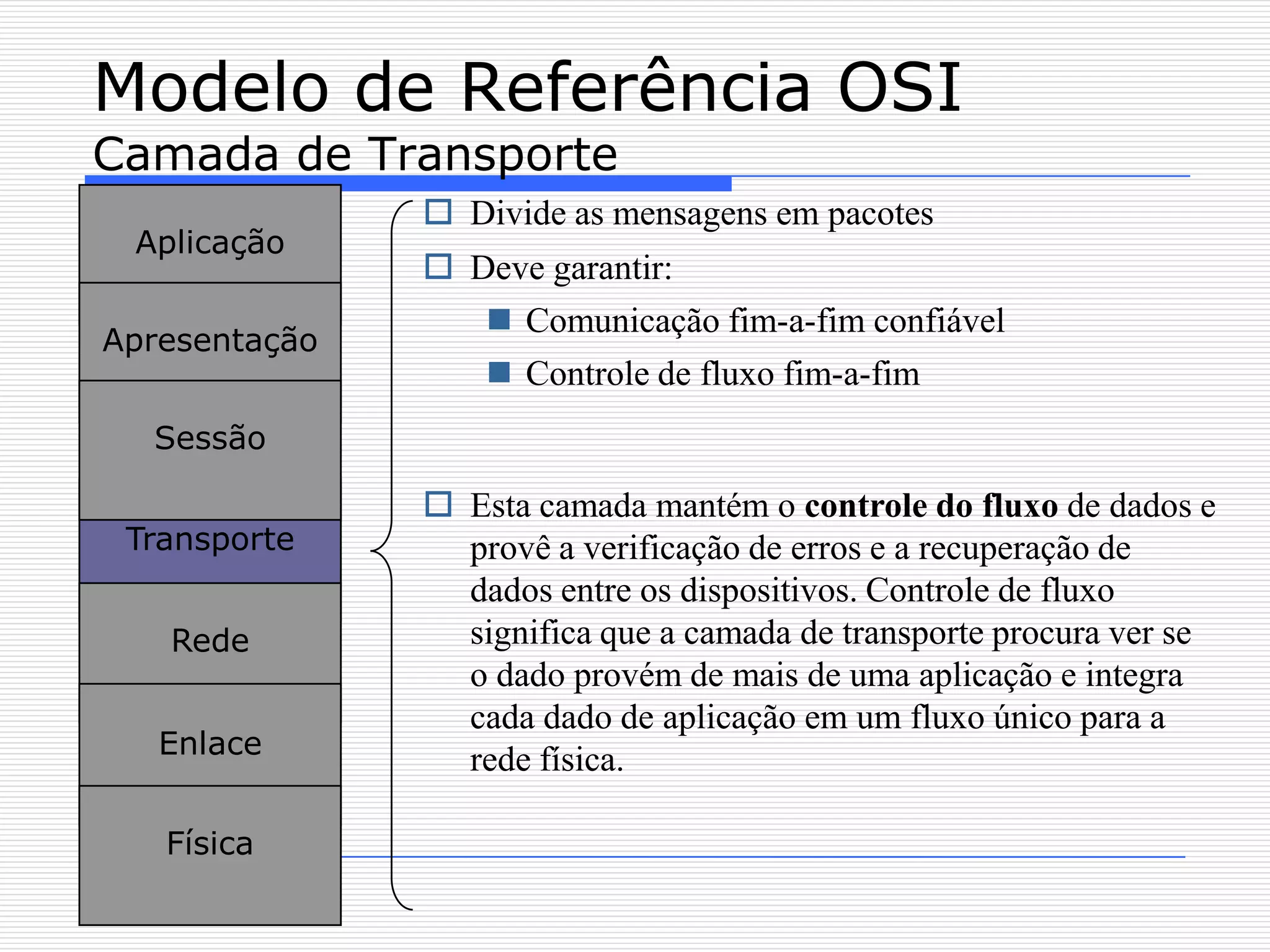 Modelo de Referência OSI
Camada de Transporte
                Divide as mensagens em pacotes
 Aplicação
                Deve garantir:
                   Comunicação fim-a-fim confiável
Apresentação
                   Controle de fluxo fim-a-fim
  Sessão

                Esta camada mantém o controle do fluxo de dados e
 Transporte      provê a verificação de erros e a recuperação de
                 dados entre os dispositivos. Controle de fluxo
   Rede          significa que a camada de transporte procura ver se
                 o dado provém de mais de uma aplicação e integra
                 cada dado de aplicação em um fluxo único para a
   Enlace
                 rede física.

   Física
 