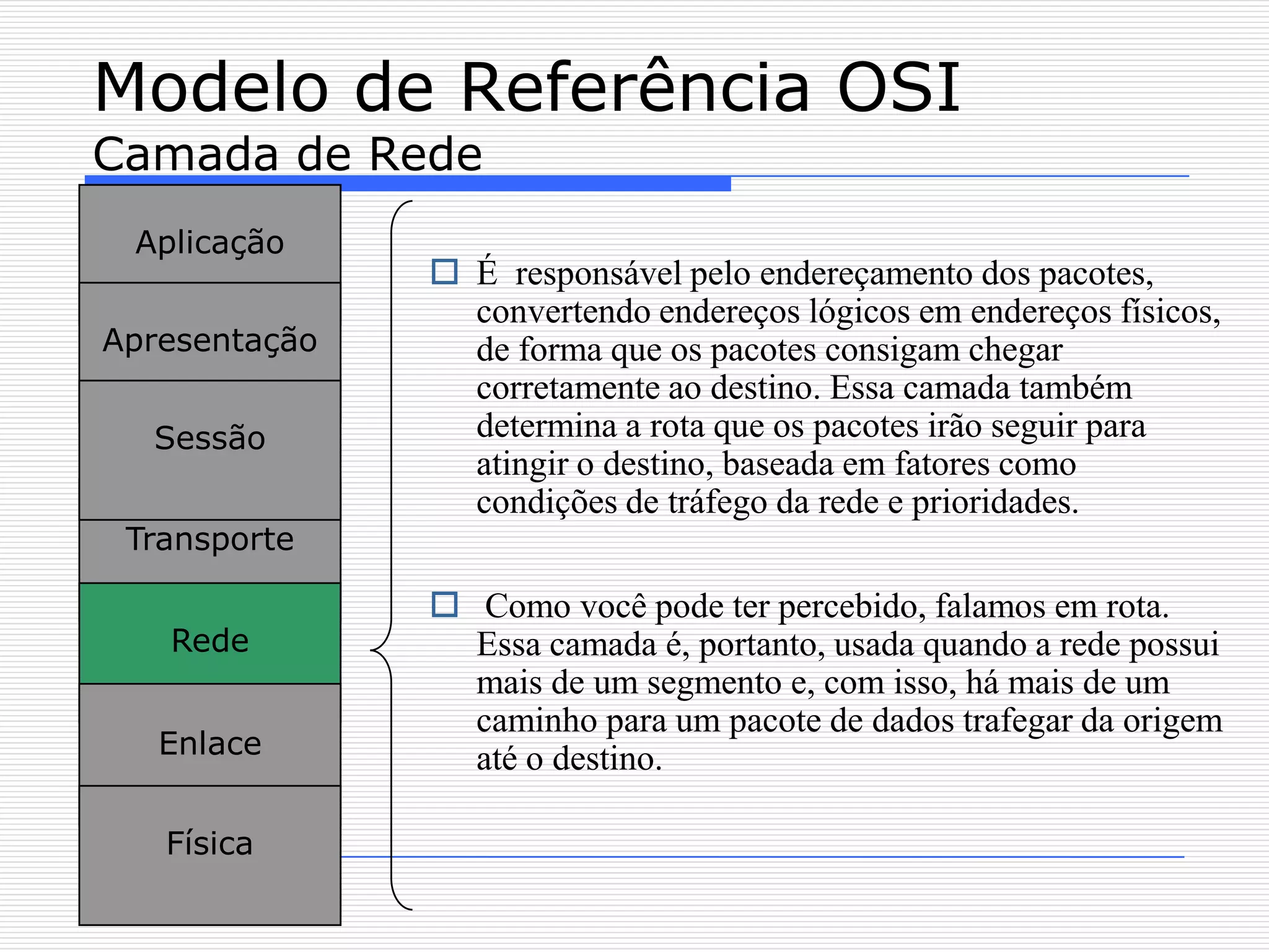 Modelo de Referência OSI
Camada de Rede
 Aplicação
                É responsável pelo endereçamento dos pacotes,
                 convertendo endereços lógicos em endereços físicos,
Apresentação     de forma que os pacotes consigam chegar
                 corretamente ao destino. Essa camada também
  Sessão         determina a rota que os pacotes irão seguir para
                 atingir o destino, baseada em fatores como
                 condições de tráfego da rede e prioridades.
 Transporte

                Como você pode ter percebido, falamos em rota.
   Rede          Essa camada é, portanto, usada quando a rede possui
                 mais de um segmento e, com isso, há mais de um
                 caminho para um pacote de dados trafegar da origem
   Enlace        até o destino.

   Física
 