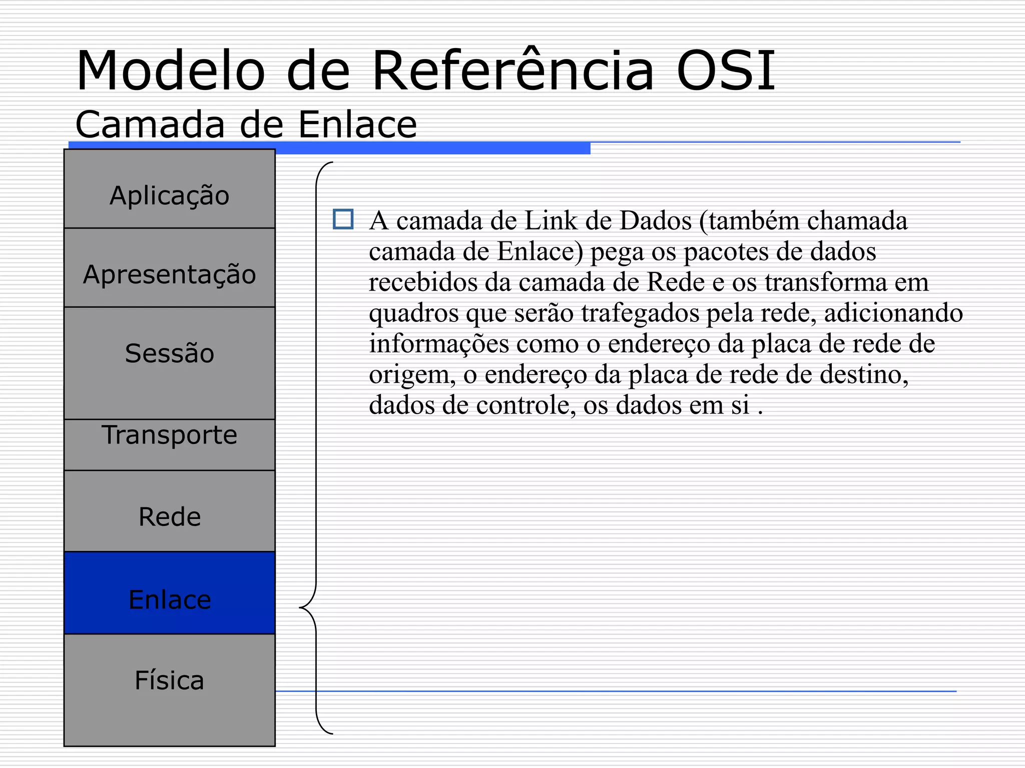 Modelo de Referência OSI
Camada de Enlace
 Aplicação
                A camada de Link de Dados (também chamada
                 camada de Enlace) pega os pacotes de dados
Apresentação     recebidos da camada de Rede e os transforma em
                 quadros que serão trafegados pela rede, adicionando
  Sessão         informações como o endereço da placa de rede de
                 origem, o endereço da placa de rede de destino,
                 dados de controle, os dados em si .
 Transporte


   Rede


   Enlace


   Física
 