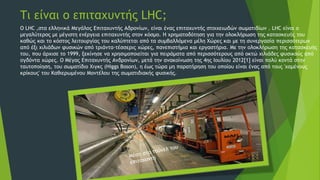 Τι είναι ο επιταχυντής LHC;
O LHC ,στα ελληνικά Μεγάλος Επιταχυντής Αδρονίων, είναι ένας επιταχυντής στοιχειωδών σωματιδίων . LHC είναι ο
μεγαλύτερος με μέγιστη ενέργεια επιταχυντής στον κόσμο. Η χρηματοδότηση για την ολοκλήρωση της κατασκευής του
καθώς και το κόστος λειτουργίας του καλύπτεται από τα συμβαλλόμενα μέλη Χώρες και με τη συνεργασία περισσότερων
από έξι χιλιάδων φυσικών από τριάντα-τέσσερις χώρες, πανεπιστήμια και εργαστήρια. Με την ολοκλήρωση της κατασκευής
του, που άρχισε το 1999, ξεκίνησε να χρησιμοποιείται για πειράματα από περισσότερους από οκτώ χιλιάδες φυσικούς από
ογδόντα χώρες. Ο Μέγας Επιταχυντής Ανδρονίων, μετά την ανακοίνωση της 4ης Ιουλίου 2012[1] είναι πολύ κοντά στην
ταυτοποίηση, του σωματίδιο Χιγκς (Higgs Boson), η έως τώρα μη παρατήρηση του οποίου είναι ένας από τους 'χαμένους
κρίκους' του Καθιερωμένου Μοντέλου της σωματιδιακής φυσικής.
 