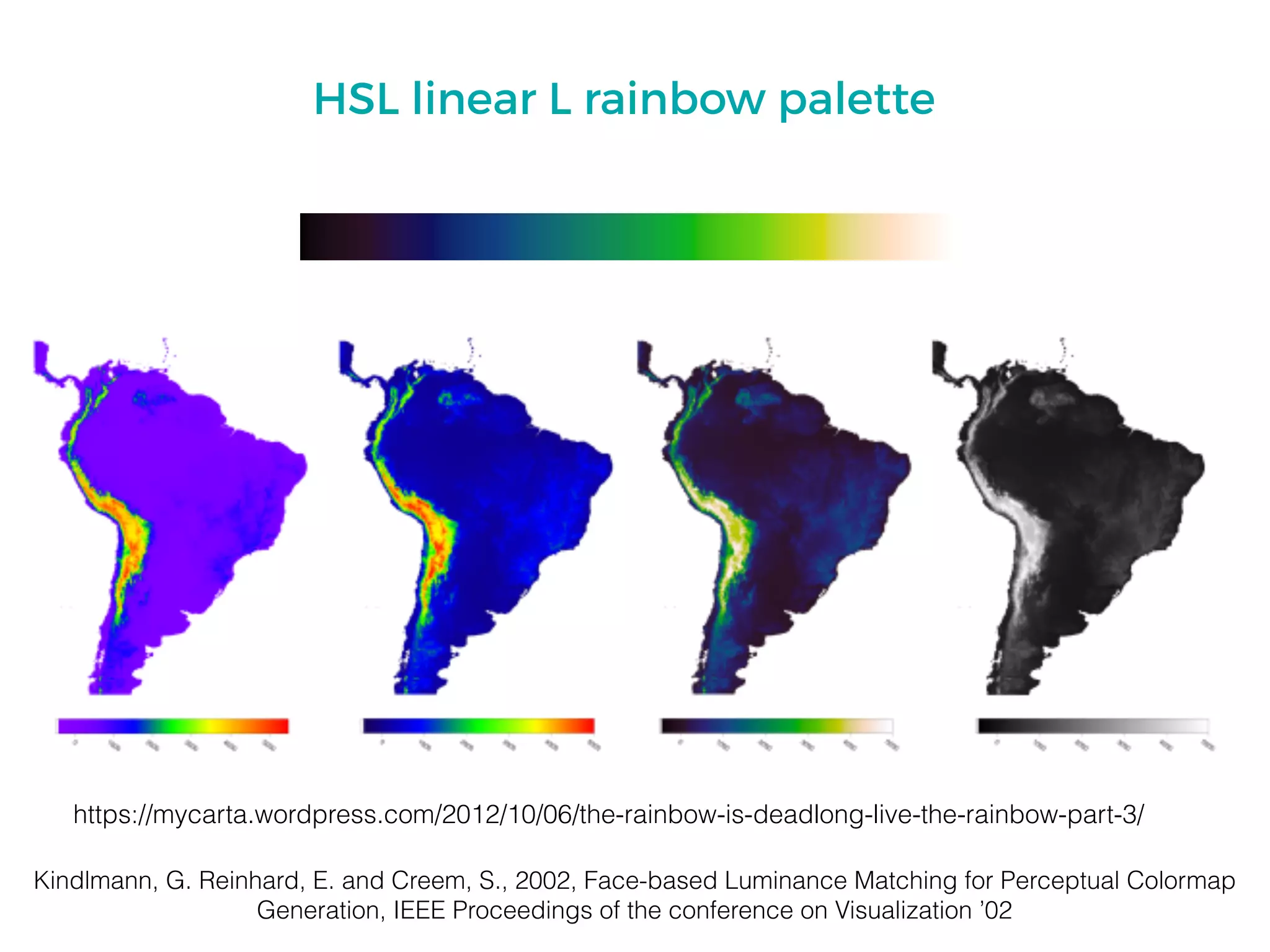 HSL linear L rainbow palette
Kindlmann, G. Reinhard, E. and Creem, S., 2002, Face-based Luminance Matching for Perceptual Colormap
Generation, IEEE Proceedings of the conference on Visualization ’02
https://mycarta.wordpress.com/2012/10/06/the-rainbow-is-deadlong-live-the-rainbow-part-3/
 