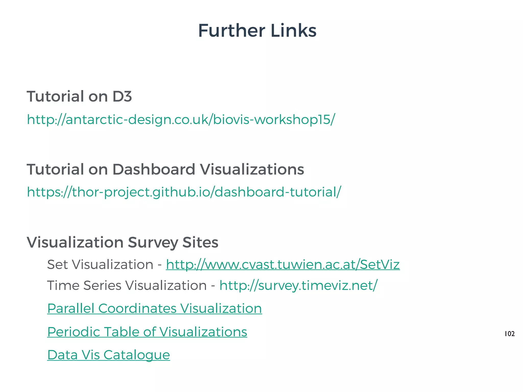 102
http://antarctic-design.co.uk/biovis-workshop15/
Tutorial on D3
Tutorial on Dashboard Visualizations
https://thor-project.github.io/dashboard-tutorial/
Visualization Survey Sites
Set Visualization - http://www.cvast.tuwien.ac.at/SetViz
Time Series Visualization - http://survey.timeviz.net/
Parallel Coordinates Visualization
Periodic Table of Visualizations
Data Vis Catalogue
Further Links
 