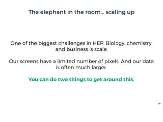99
One of the biggest challenges in HEP, Biology, chemistry,
and business is scale.
Our screens have a limited number of pixels. And our data
is often much larger.
You can do two things to get around this.
The elephant in the room… scaling up
 
