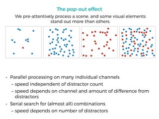 The pop-out effect
• Parallel processing on many individual channels
– speed independent of distractor count
– speed depends on channel and amount of difference from
distractors
• Serial search for (almost all) combinations
– speed depends on number of distractors
We pre-attentively process a scene, and some visual elements
stand out more than others.
 