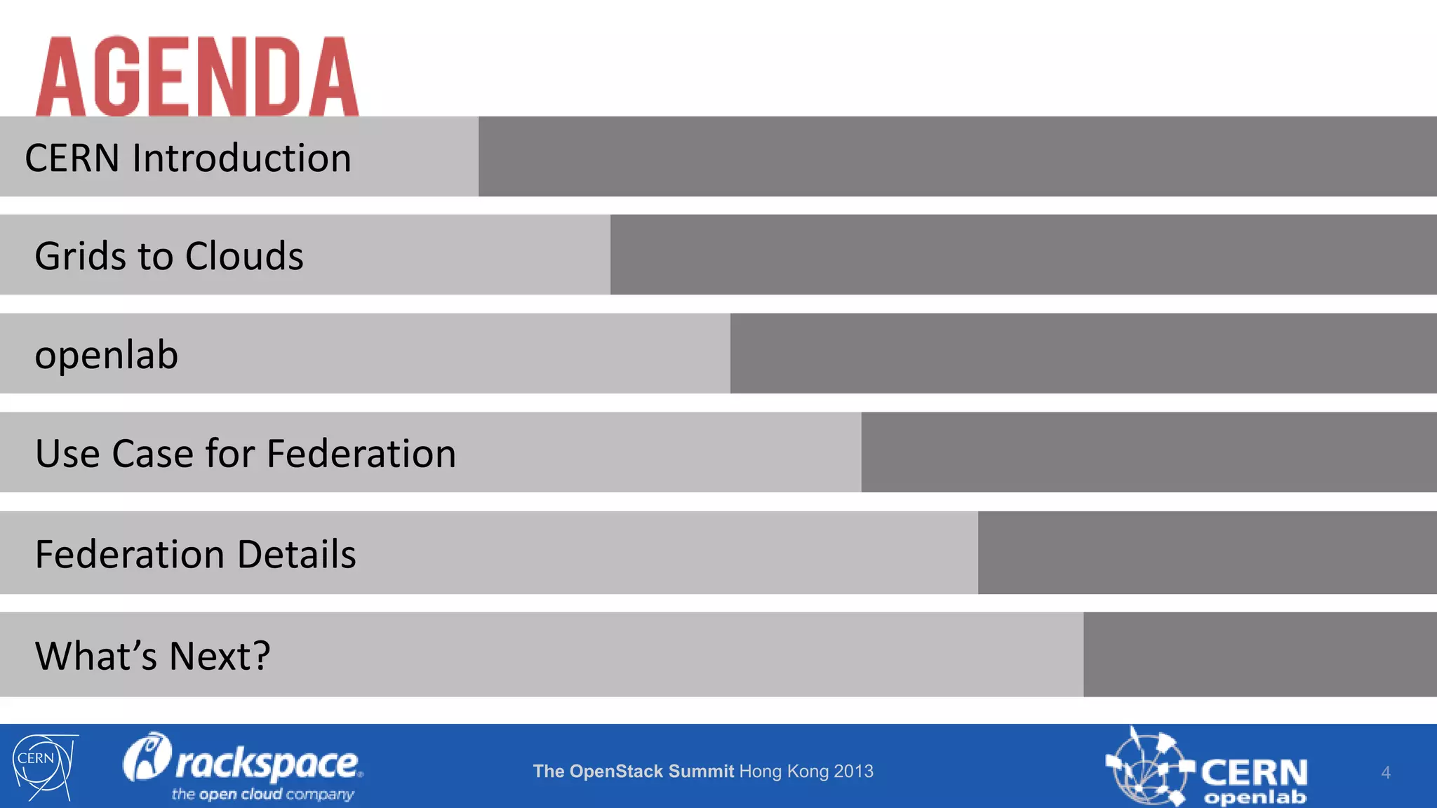 CERN Introduction

Grids to Clouds
openlab
Use Case for Federation
Federation Details
What’s Next?
The OpenStack Summit Hong Kong 2013

4

 