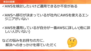 本日の目標
✓AWSを検討したいけど運用できるか不安がある
✓AWSへ移行が決まっているが社内にAWSを使えるエン
ジニアがいない
✓AWSを運用しているが自分が一番AWSに詳しい(他に詳
しい人がいない)
などの悩みをお持ちの方に、
解決へのきっかけを得ていただく
 