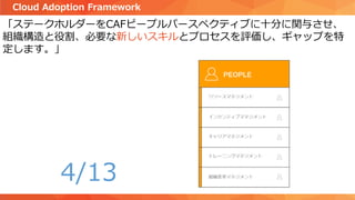 「ステークホルダーをCAFピープルパースペクティブに十分に関与させ、
組織構造と役割、必要な新しいスキルとプロセスを評価し、ギャップを特
定します。」
Cloud Adoption Framework
4/13
 