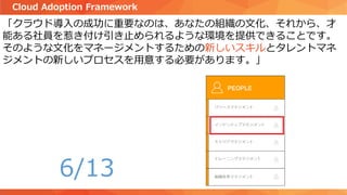 「クラウド導入の成功に重要なのは、あなたの組織の文化、それから、才
能ある社員を惹き付け引き止められるような環境を提供できることです。
そのような文化をマネージメントするための新しいスキルとタレントマネ
ジメントの新しいプロセスを用意する必要があります。」
Cloud Adoption Framework
6/13
 