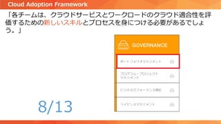 「各チームは、クラウドサービスとワークロードのクラウド適合性を評
価するための新しいスキルとプロセスを身につける必要があるでしょ
う。」
Cloud Adoption Framework
8/13
 