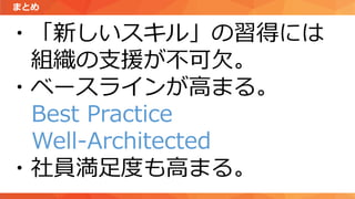 まとめ
・「新しいスキル」の習得には
組織の支援が不可欠。
・ベースラインが高まる。
Best Practice
Well-Architected
・社員満足度も高まる。
 