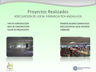 Proyectos Realizados
      ADECUACION DE LOCAL FARMACIA PZA ANDALUCIA

TIPO DE CONSTRUCCIÓN              REMODELACIONES COMERCIALES
AREA DE CONSTRUCCIÓN              ADECUACIÓN DE LOCAL INTERIOR
VALOR DE PRESUPUESTO              US$80,000
 