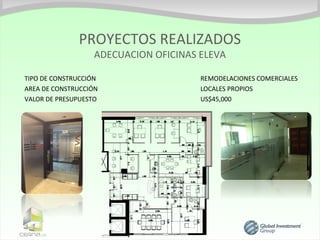 PROYECTOS REALIZADOS
                  ADECUACION OFICINAS ELEVA

TIPO DE CONSTRUCCIÓN                  REMODELACIONES COMERCIALES
AREA DE CONSTRUCCIÓN                  LOCALES PROPIOS
VALOR DE PRESUPUESTO                  US$45,000
 