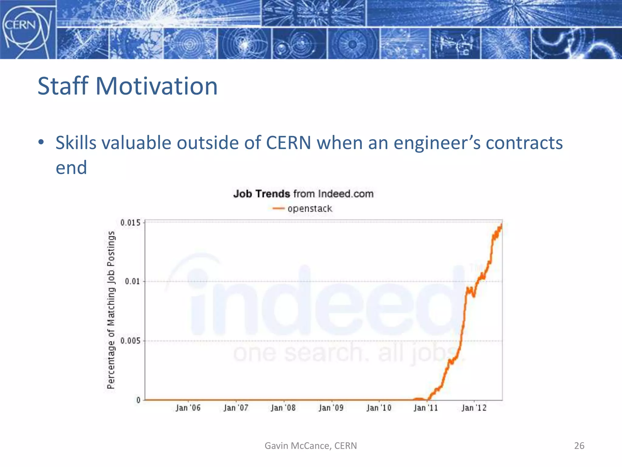 Staff  Motivation
• Skills  valuable  outside  of  CERN  when  an  engineer’s  contracts  
end
Gavin  McCance,  CERN 26
 
