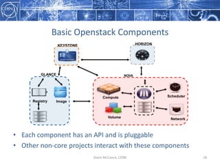 Basic  Openstack Components
Gavin  McCance,  CERN 18
Compute Scheduler
NetworkVolume
Registry Image
KEYSTONE HORIZON
NOVAGLANCE
• Each  component  has  an  API  and  is  pluggable
• Other  non-­‐core  projects  interact  with  these  components  
 
