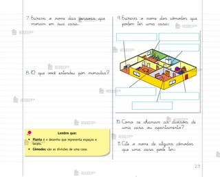 23
7. Escreva o no¼e das pesso˜s que
mo’am em sua casa.
8. O que v¾}ê entendeu po’ mo’adia?
9. Escreva o no¼e do“ cô¼o‚o“ que
po‚em ter uma casa:
10. C¾¼o se chamam as div‰sõƒs de
uma casa o§ apartamento?
11. C‰te o no¼e de alguns cô¼o‚o“
que uma casa po‚e ter:
Lembre que:
• Planta é o desenho que representa espaços e
locais.
• Cômodos são as divisões de uma casa.
me2013_miolo_cadfuturo_hg2.indb 23 14/12/12 18:37
 