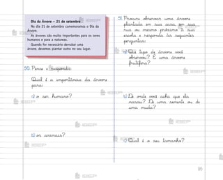 95
50. Pense e respo½da:
Qual é a impo’tância da árv¾’e
para:
a) o ser humano?
b) o“ animais?
51. Pro}ure o|“erv{r uma árv¾’e
plantada em sua casa, em sua
rua o§ mesmo pró¦imo à sua
escoŒa e respo½da às seguintes
perguntas:
a) Que tipo de árv¾’e v¾}ê
o|“erv¾§? É uma árv¾’e
frutífera?
b) ®e o½de v¾}ê acha que ela
nasceu? ®e uma semente o§ de
uma muda?
c) Qual é o seu tamanho?
Dia da Árvore – 21 de setembro
No dia 21 de setembro comemoramos o Dia da
Árvore.
As árvores são muito importantes para os seres
humanos e para a natureza.
Quando for necessário derrubar uma
árvore, devemos plantar outra no seu lugar.
me2013_miolo_cadfuturo_hg2.indb 95 14/12/12 18:39
 