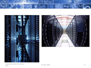 In a normal day, the grid provides 100,000 CPU days executing 1 million jobsOpenStack Conference, Boston 2011Tim Bell, CERN15Data Centre by NumbersHardware installation & retirement~7,000 hardware movements/year; ~1,800 disk failures/year
