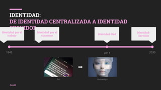Cero23
IDENTIDAD:
DE IDENTIDAD CENTRALIZADA A IDENTIDAD
SERVIDOR
Cero23
Identidad por el
trabajo
1945 20302017
Identidad p...