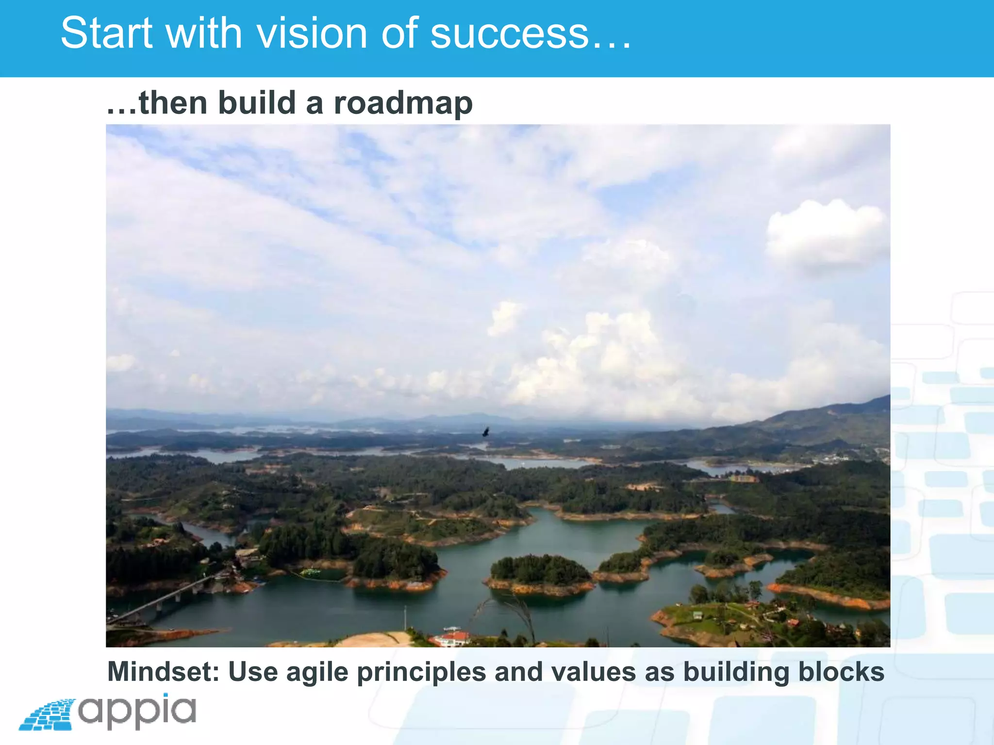 Start with vision of success…
Mindset: Use agile principles and values as building blocks
…then build a roadmap
 