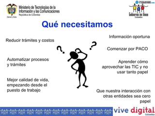 Qué necesitamos Información oportuna Reducir trámites y costos Comenzar por PACO Automatizar procesos y trámites Aprender cómo aprovechar las TIC y no usar tanto papel Que nuestra interacción con otras entidades sea cero papel Mejor calidad de vida, empezando desde el puesto de trabajo 