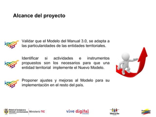 Alcance del proyecto



   Validar que el Modelo del Manual 3.0, se adapta a
   las particularidades de las entidades territoriales.


   Identificar    si    actividades  e   instrumentos
   propuestos son los necesarios para que una
   entidad territorial implemente el Nuevo Modelo.


   Proponer ajustes y mejoras al Modelo para su
   implementación en el resto del país.
 